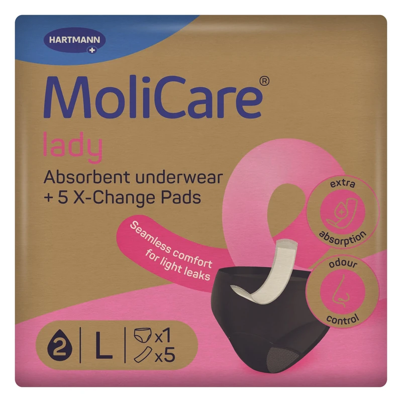 MoliCare Lady Absorbent Underwear - Invisible Pants for Bladder Weakness with Disposable Pads for Extra Protection in Hidden Pocket, Size L, Washable at 60 °C, Black, Pack of 5, Absorbs 149ml