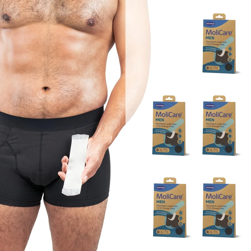 MoliCare Men - Invisible Absorbent Washable Incontinence Pants with Disposable X-Change Pads for Extra Protection, Pads Discreetly Hidden in Inner Pocket, Washable at 60° C, Size M, Black, Pack of 5