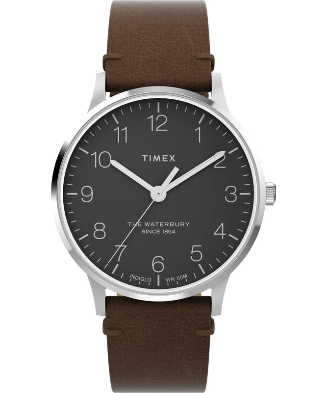Timex Men's Waterbury 40 mm Watch - Brown Leather Strap Quick Release Black Dial Stainless Steel Case TW2Y06800