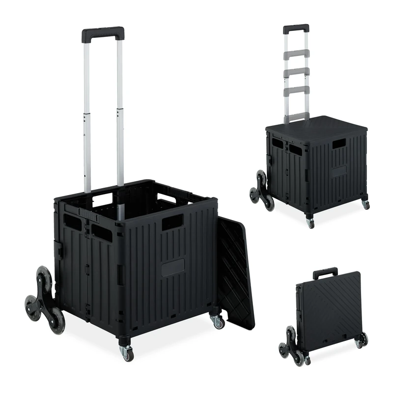 Relaxdays Shopping Trolley, Collapsible, Stair Climber, Cart with Wheels, Telescopic Handle, Capacity up to 35 kg, Black