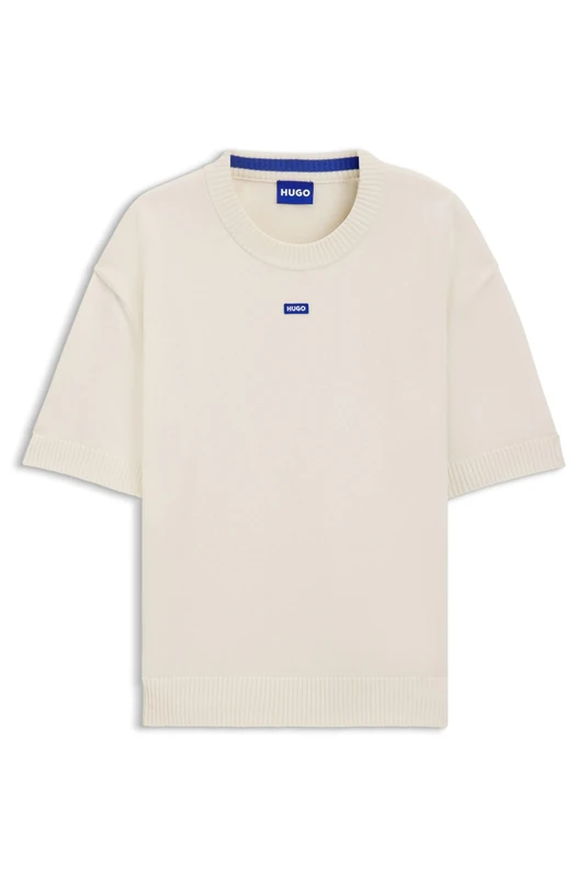 HUGO Mens San Carson-CP Knit Sweater with Short Sleeves and Blue Logo Badge