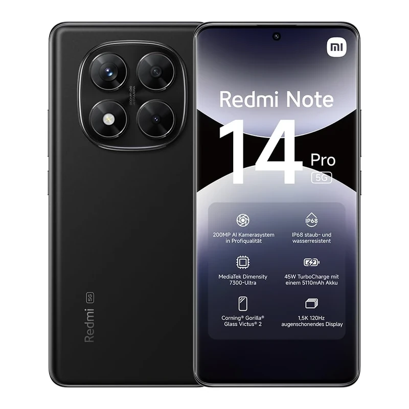 Xiaomi Redmi Note 14 Pro 5G smartphone, 8+256GB, Black, 200MP pro-grade AI camera, IP68, 45W turbo charging with 5110mAh battery, AI features (no charger included), 2 year Warranty