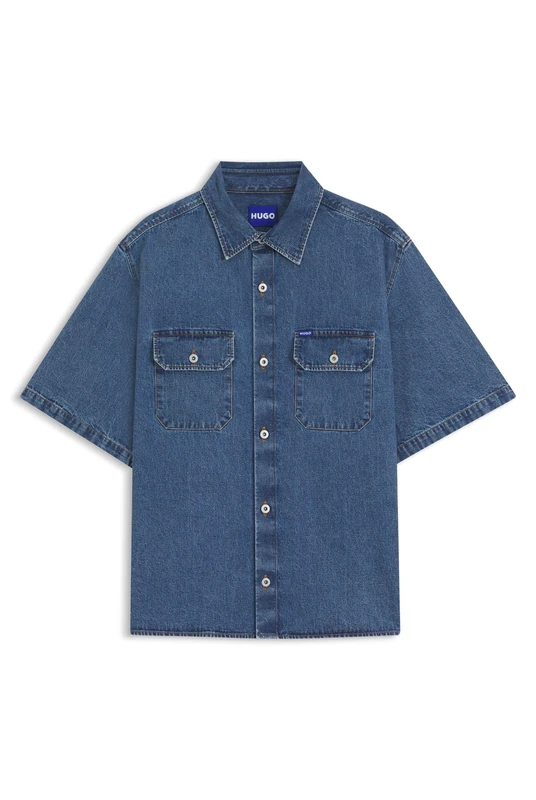 HUGO Mens Ekyno Oversized-fit Shirt in Blue Denim with Contrast Stitching
