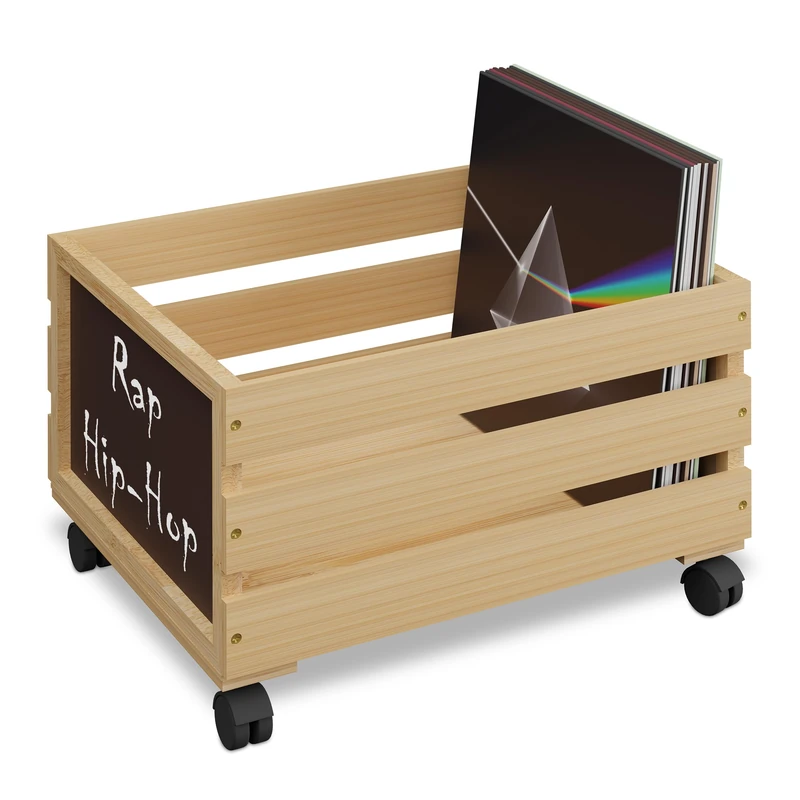Relaxdays Record Crate, Bamboo, with Wheels, Holds 50-80 LPs, HWD: 27 x 43 x 34 cm, Vinyl Storage Box, Natural/Black, Fibreboard, Iron - Image 1