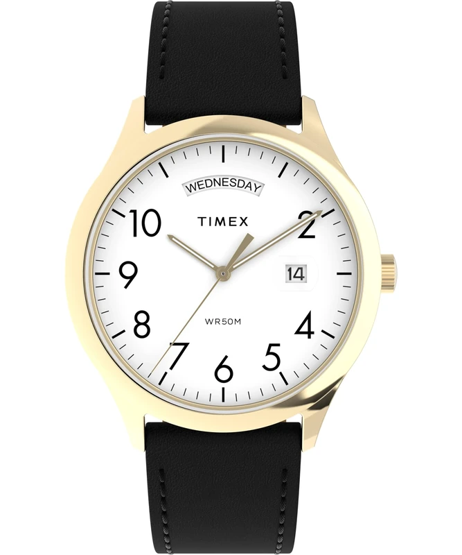 Timex Men's Easy Reader 40 mm Watch - Black Leather Strap White Dial Gold-Tone Case TW2W68500