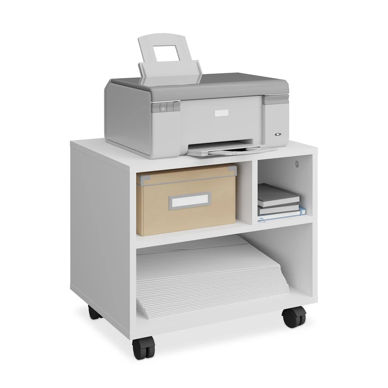 Relaxdays Printer Stand with Storage, 3 Shelves, Tray, Cupboard, Office Cabinet Table, Wheels, 35,5 x 40 x 30 cm, White, Fibreboard, Plastic