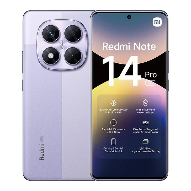 Xiaomi Redmi Note 14 Pro 5G smartphone, 8+256GB, Purple, 200MP pro-grade AI camera, IP68, 45W turbo charging with 5110mAh battery, AI features (no charger included), 2 year Warranty