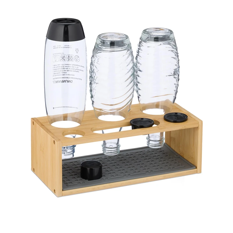 Relaxdays Drying Rack for 3 Bottles, Compatable with Sodastream, Bamboo, Silicone Mat, 11 x 31 x 14.5 cm, Natural/Grey