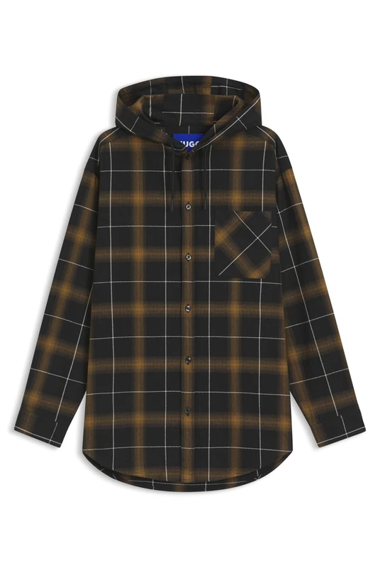 HUGO Mens Ebhood Hooded Oversized-fit Overshirt in Checked Cotton