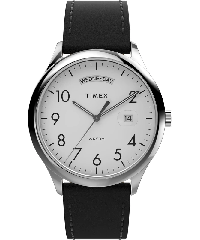 Timex Men's Easy Reader 40 mm Watch - Black Leather Strap White Dial Silver-Tone Case TW2W68300
