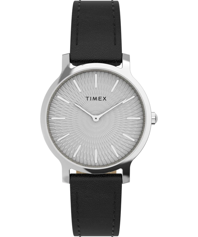 Timex Women's Trend 34 mm Watch, Silver-Tone Case, Silver Dial, Black Leather Quick Release Strap TW2Y07000