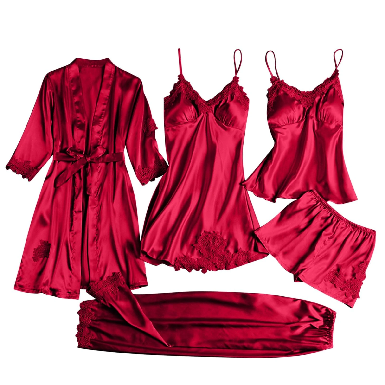 5 Piece Pyjamas Set Women Satin Silk Pajamas Kimono Robe Floral Lace Cami Tops Shorts Pants Nightdress Bathrobe Pjs Sets Sleepwear Soft Comfy Loungewear Ladies Nightwear Sexy Underwear Home Wear Wine