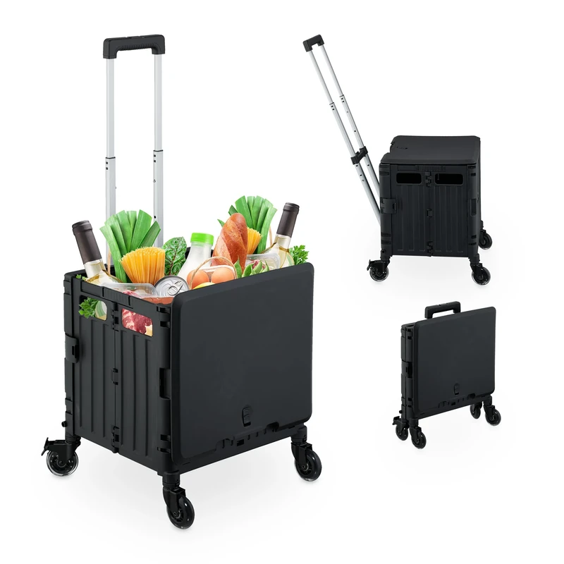 Relaxdays Foldable Shopping Trolley, Collapsible Basket on 4 Wheels, up to 35 kg Capacity, with Telescopic Handle, Black