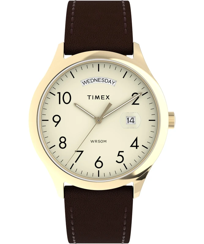 Timex Men's Easy Reader 40 mm Watch - Brown Leather Strap Cream Dial Gold-Tone Case TW2W68400