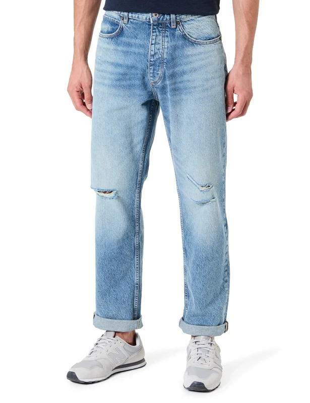 Hugo Jonah Men's Regular Fit Jeans in Medium Blue Stone-Washed Cotton Denim, Dark Blue, 36 W/30 L