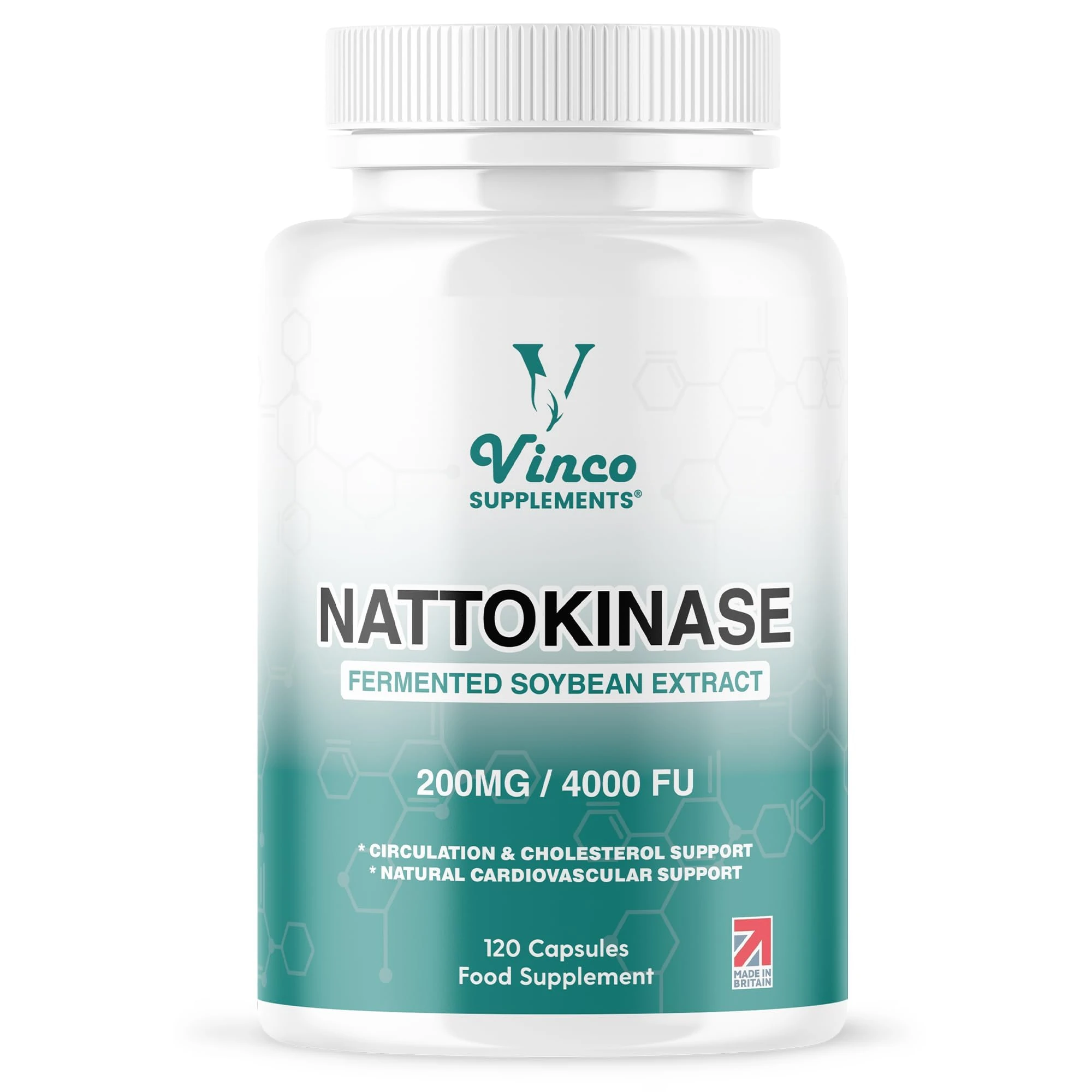 Vinco Nattokinase 120 Capsules - 4000 FU - 200mg - High Strength Japanese Natto - Supports Heart Health & Circulation - Non-GMO & Gluten Free - Made in The UK