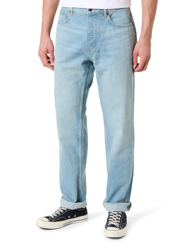 Hugo Jonah Men's Regular Fit Jeans in Medium Blue Stone-Washed Cotton Denim, Turquoise/Aqua, 32 W/34 L