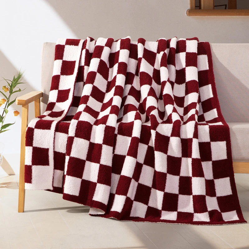Elegant Comfort Premium Checkered Reversible Throw Blanket - Ultra Soft and Lightweight, Luxury Knitted Breathable Fleece for Couch, Bed, Sofa - Warm Velvet Fluffy Throw, 50 x 70 Inch, Burgundy