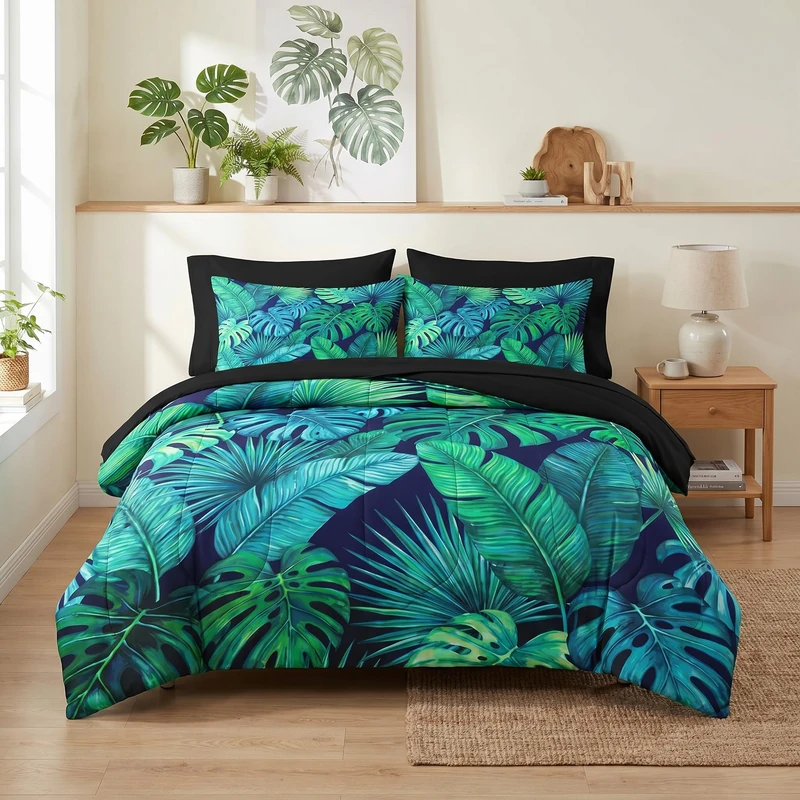 WeCozy 7 Pcs King Size Comforter Set with 2 Pillowcases & 2 Shams, Palm Leaf Floral Bedding Set for Kids and Adults, Turquoise Green Tropical Bed in a Bag with Flat Sheet and Fitted Sheet