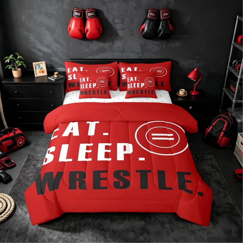 Feelyou Wrestling Sports Comforter Set with Sheets Full Size Wrestling Sports Theme 7 Pieces Bedding Set for Kids Boys Girls Teens Red Wrestle Rodeo Bed in a Bag Wrestle Themed Bed Set