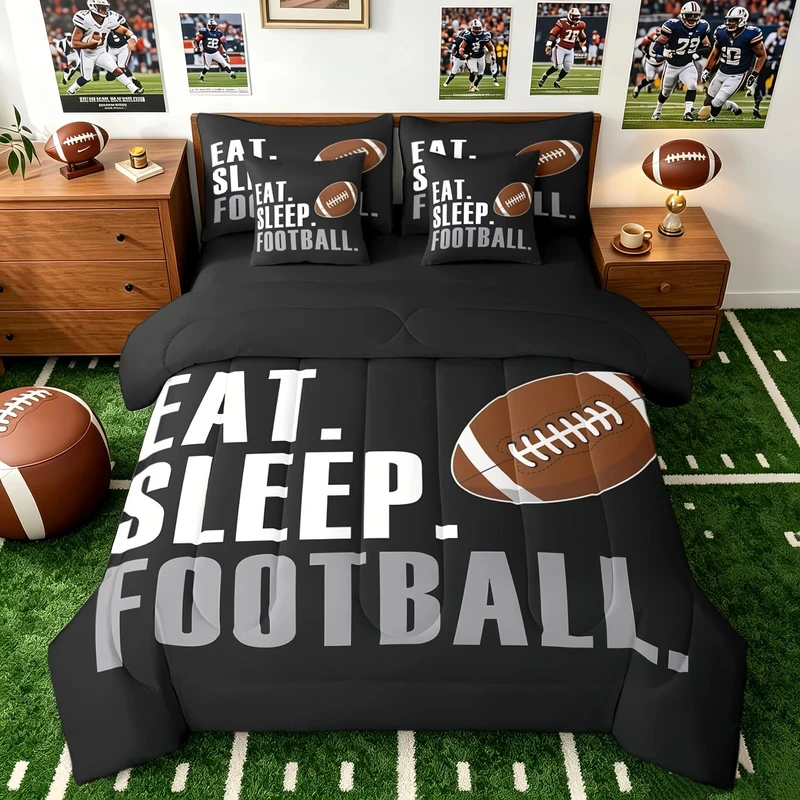 Feelyou Football Comforter Set with Sheets Full Size Rugby Sports 7 Pieces Bedding Set for Kids Boys Girls Teens Black Sports Ball Game Bed in a Bag Gift for Football Lover Bed Set