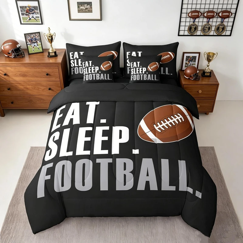 Feelyou Football Comforter Set with Sheets Queen Size Rugby Sports 7 Pieces Bedding Set for Kids Boys Girls Teens Black Sports Ball Game Bed in a Bag Gift for Football Lover Bed Set