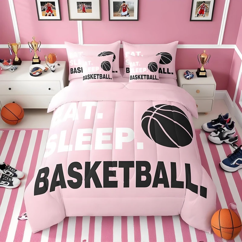 Feelyou Basketball Pink Comforter Set with Sheets Twin Size Gaming Sports 7 Pieces Bedding Set for Kids Boys Girls Teens Ball Games Bed in a Bag Gift for Basketball Lover Bed Set