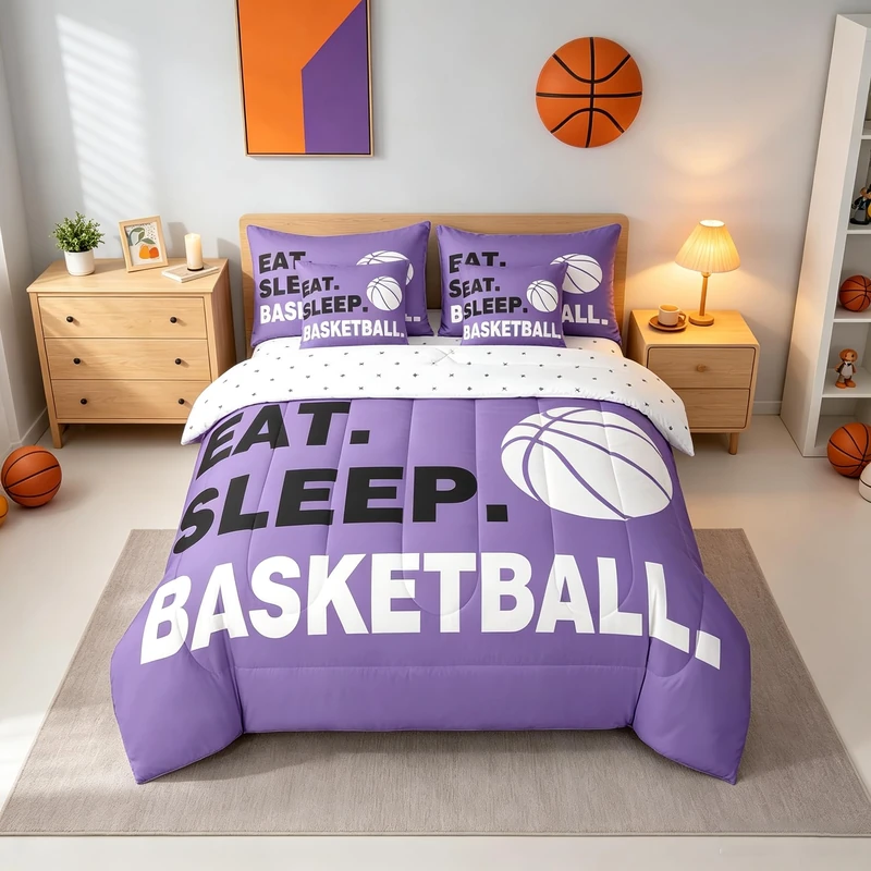 Feelyou Basketball Purple Comforter Set with Sheets Queen Size Gaming Sports 7 Pieces Bedding Set for Kids Boys Girls Teens Ball Games Bed in a Bag Gift for Basketball Lover Bed Set