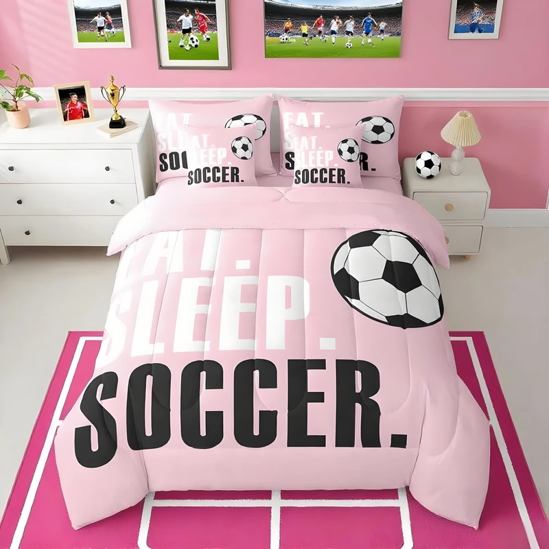 Feelyou Soccer Ball Comforter Set with Sheets Twin Size Pink Football 7 Pieces Bedding Set for Kids Boys Girls Teens Sports Ball Game Bed in a Bag Gift for Football Lover Bed Set