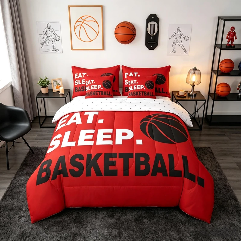 Feelyou Basketball Red Comforter Set with Sheets Twin Size Gaming Sports 7 Pieces Bedding Set for Kids Boys Girls Teens Ball Games Bed in a Bag Gift for Basketball Lover Bed Set