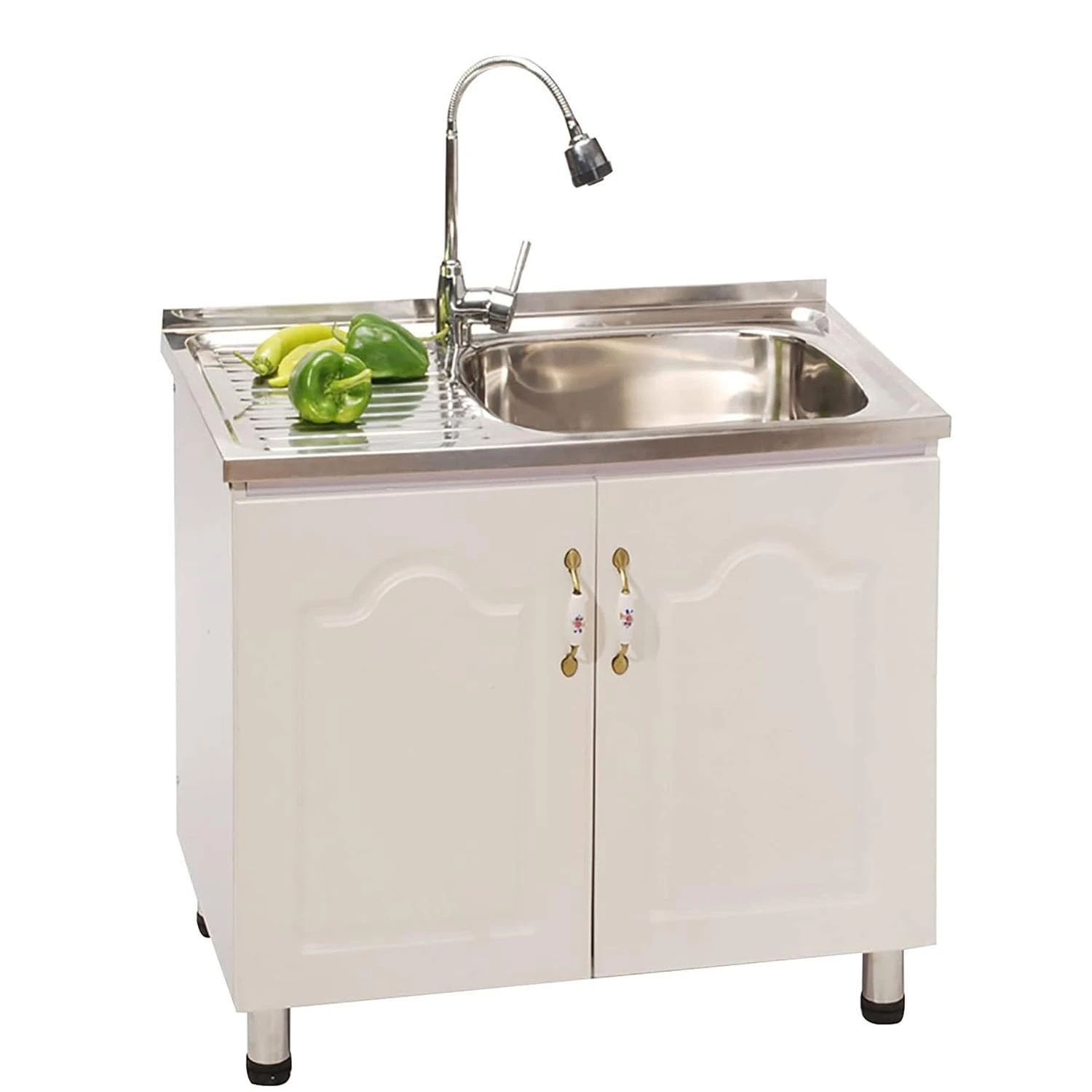 GOKEUEKDY Stainless Steel Commercial Sink with Faucet, Freestanding Utility Sink with Cupboard, Workbench and Drainer Unit, for Indoor Outdoor, Restaurant