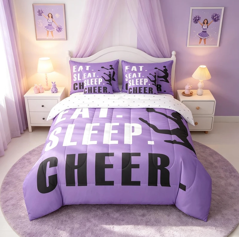 Feelyou Cheer Comforter Set with Sheets Twin Size Ombre Purple Cheerleading 7 Pieces Bedding Set for Kids Boys Girls Teens Cheerleader Bed in a Bag Dancing Cheer Lover Bed Set