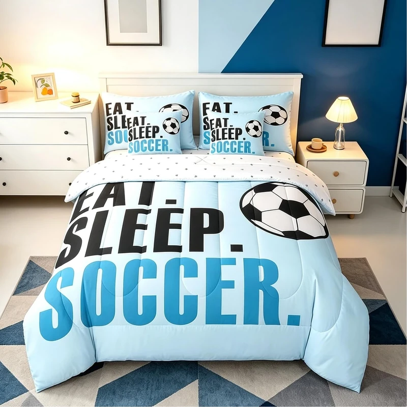 Feelyou Soccer Ball Comforter Set with Sheets Full Size Light Blue Football 7 Pieces Bedding Set for Kids Boys Girls Teens Sports Ball Game Bed in a Bag Gift for Football Lover Bed Set