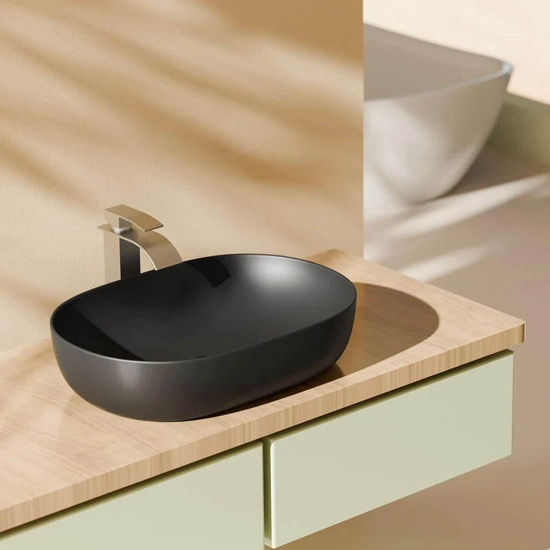 EMKE Washbasin, Oval Countertop Sink, 60 x 41 x 13 cm, Matte Black, Easy to Install & Clean, Scratch Resistant Washbasin for Bathroom, Guest Toilet