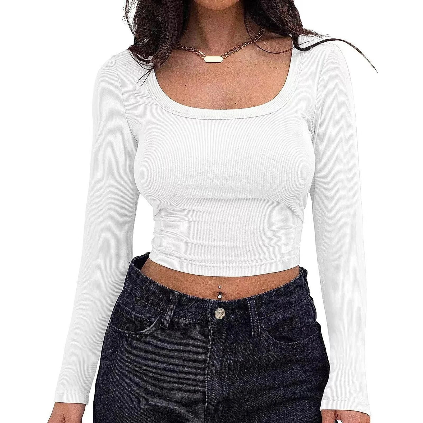 Runmeihe Solid Color Women's Long Sleeve Tops, Ribbed Knit Going Out Basic Tops, Fashion Sexy Tight T-Shirt (UK, Alpha, S, Regular, Regular, Square Neck-White, Crop Top)