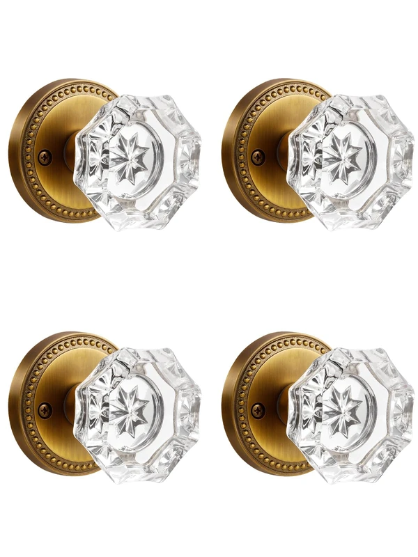 SORWDUERM 4 Pack Antique Brass Door Knobs Crystal Door Knob Passage Door Knobs Glass Interior Door Knob for Hall and Closet Zinc Alloy