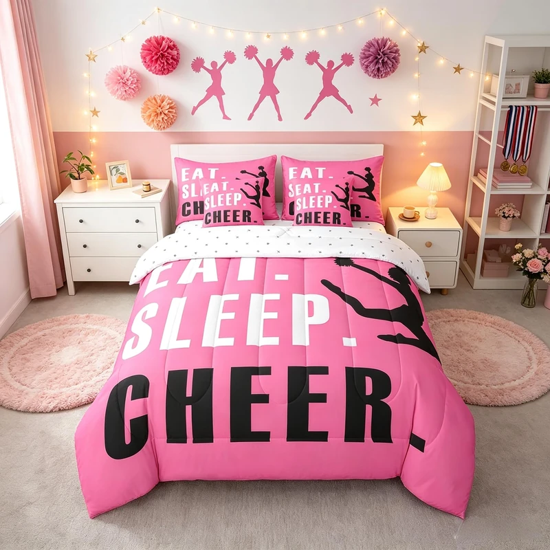 Feelyou Cheer Comforter Set with Sheets Twin Size Ombre Pink Cheerleading 7 Pieces Bedding Set for Kids Boys Girls Teens Cheerleader Bed in a Bag Dancing Cheer Lover Bed Set