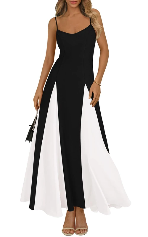 PRETTYGARDEN Spaghetti Strap Backless Summer Dresses for Women 2025 Flowy Maxi Dresses Sleeveless Wedding Guest Dress, Black White, L