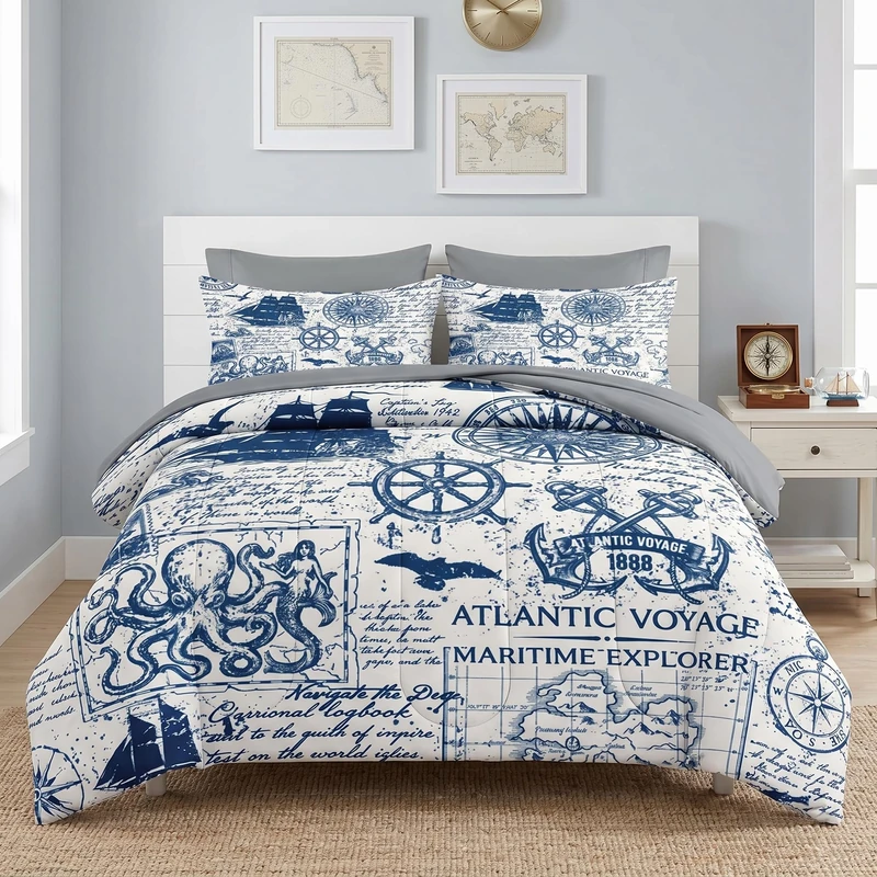 Pamnest Comforter Set Full Size, Nautical Anchor Sailor Grey 7 Pcs Bedding Set for Kids and Adults, Ocean Vintage Sea Bed Sheet Sets with Fitted Sheet 2 Pillowcases & 2 Shams for Bedroom Bed Decor