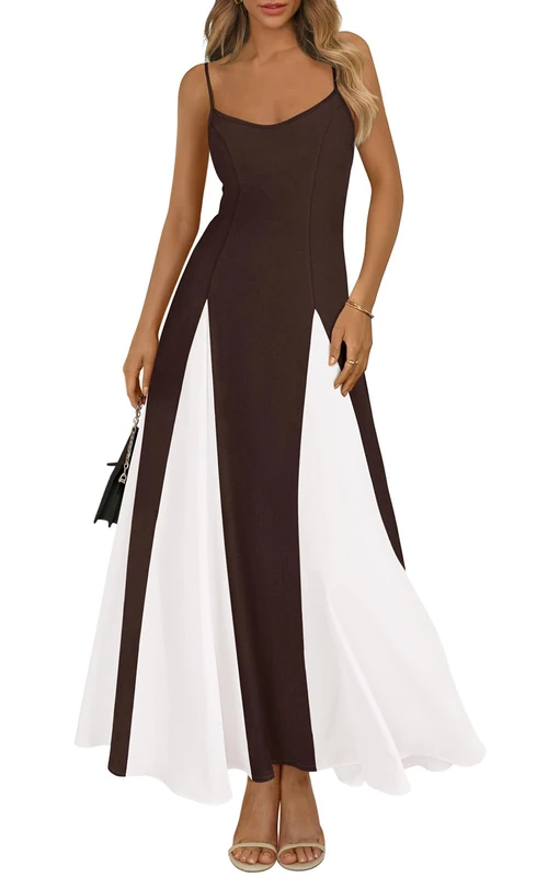 PRETTYGARDEN Spaghetti Strap Backless Summer Dresses for Women 2025 Flowy Maxi Dresses Sleeveless Wedding Guest Dress, Coffe White, XL