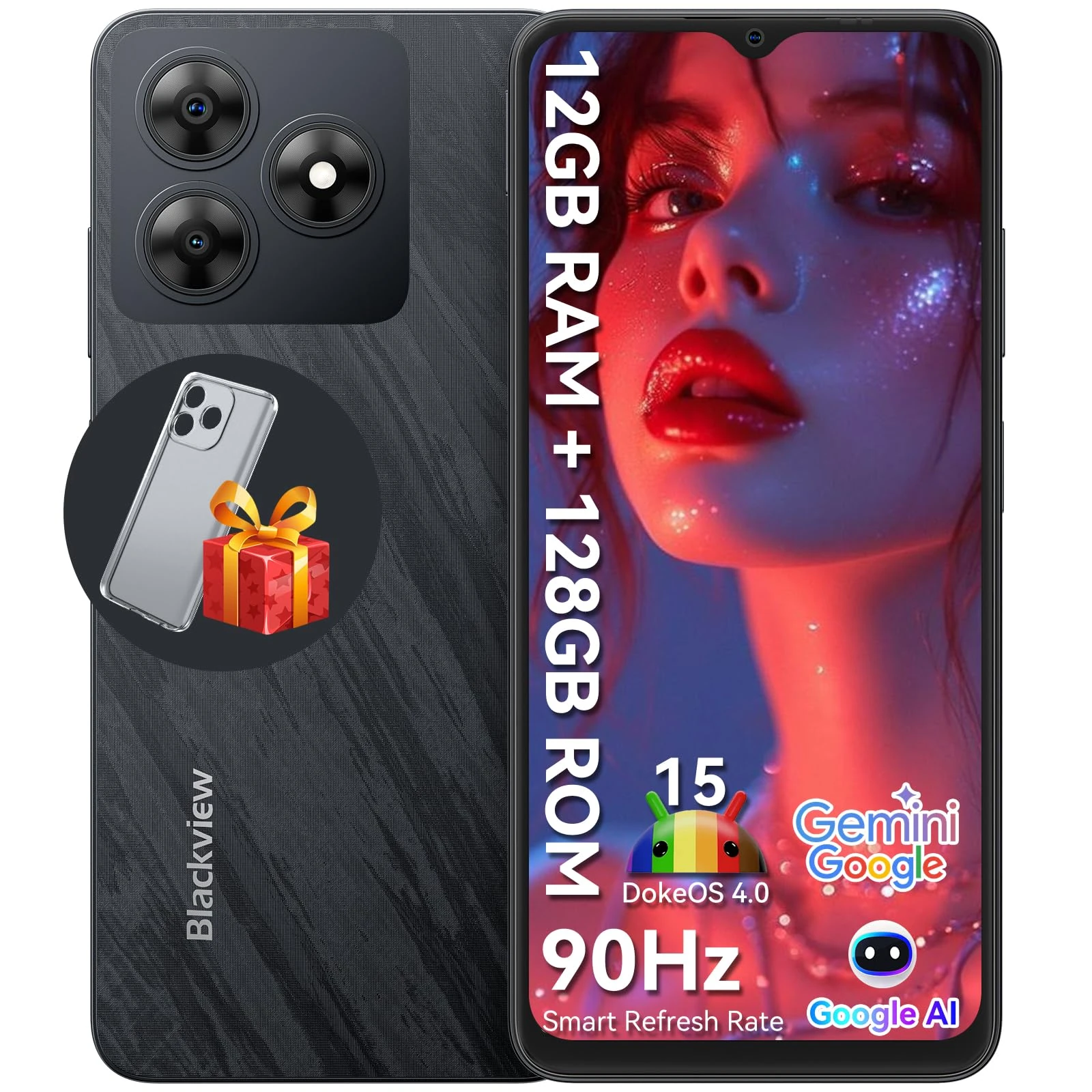 Blackview WAVE 8 Unlocked Mobile Phones, 12GB+128GB/2TB, Octa-Core 4G Android 15 Smart Phone, 13MP+8MP AI Camera 5000mAh/10W, Dual SIM Smartphone, 6.56" HD+, GPS/OTG, Fingerprint/Face ID, Black