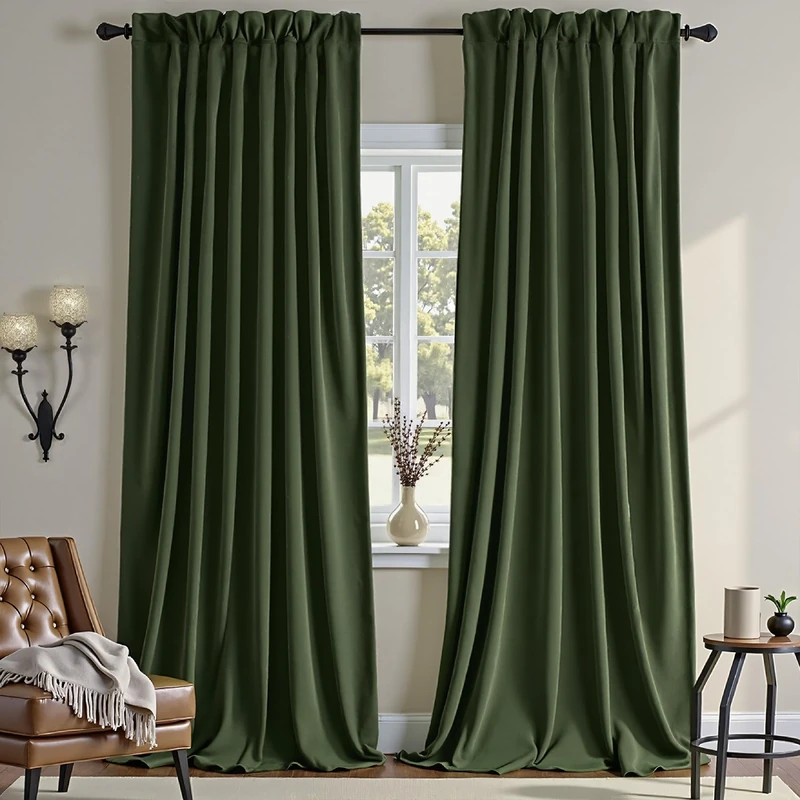 Nemia Olive Green Velvet Curtains Thermal Insulated Blackout Curtain for Bedroom Window Living Room Darkening Luxury Vintage 96 Inches Long Heavy Drapes Panels Rod Pocket Set of 2