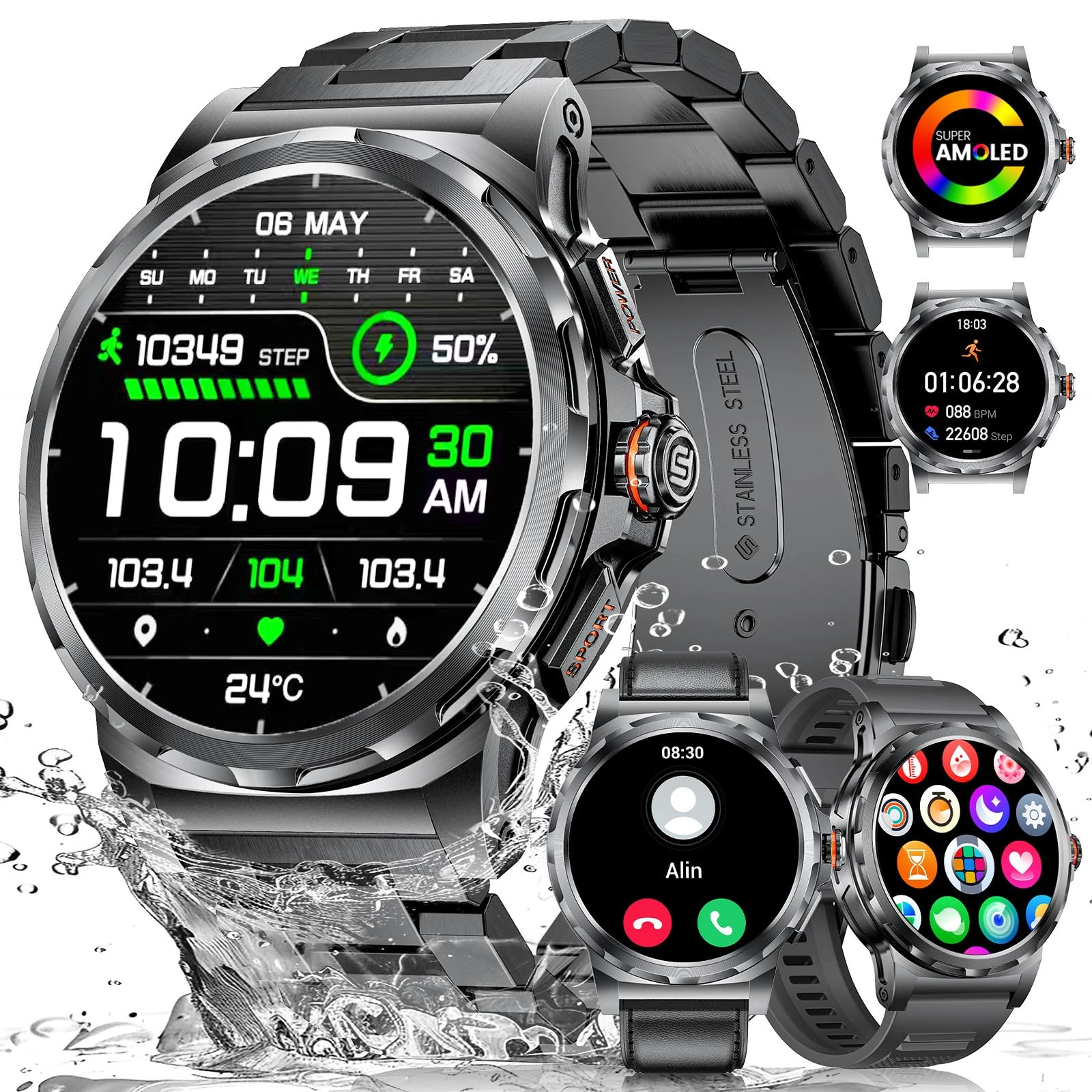 LIGE Military Smart Watch for Men(3 Straps),1.43"HD AMOLED Rugged Smartwatch(Answer/Make Call) for Android iOS,Fitness Watch,Black Sport Watch with 120+ Sport Modes/IP68 Waterproof/Running/Heart Rate