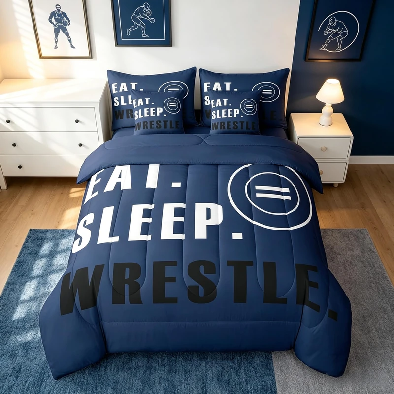 Feelyou Wrestling Sports Comforter Set with Sheets Twin Size Wrestling Sports Theme 7 Pieces Bedding Set for Kids Boys Girls Teens Deep Blue Wrestle Rodeo Bed in a Bag Wrestle Themed Bed Set