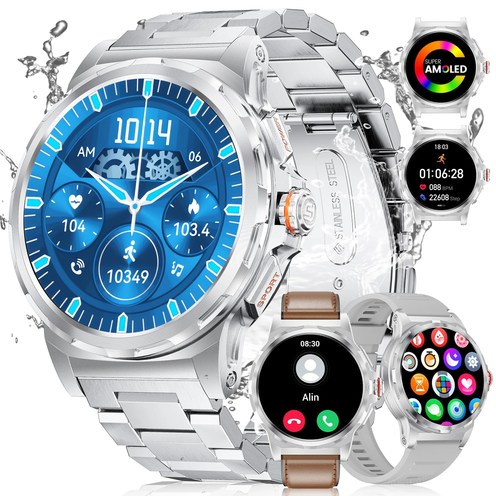 LIGE Military Smart Watch for Men(3 Straps),1.43"HD AMOLED Rugged Smartwatch(Answer/Make Call) for Android iOS,Fitness Watch,Silver Sport Watch with 120+ Sport Modes/IP68 Waterproof/Running/Heart Rate