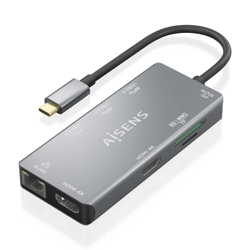 AISENS - ASUC-9P018-GR - 9-in-1 USB-C Dock, USB-C A 2XHDMI, 1XRJ45, 2XUSB-A USB3.0, 1XUSB-A USB2.0, 1XUSB-C PD, 1Xsd, 1XMicro SD, Grey, 15Cm