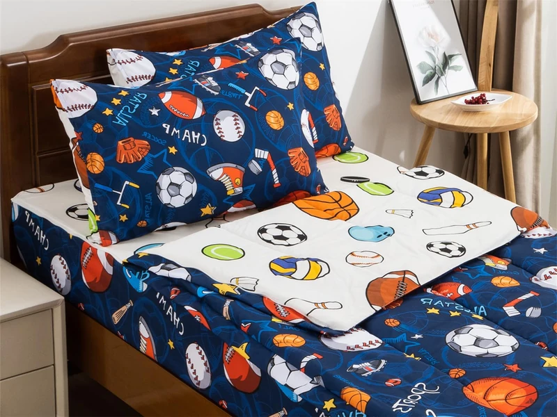 NTBED Sport Basketball Printed Zipper Bedding Sets Full Lightweight Microfiber Football Comforter Sets with Fitted Sheet Pillow Covers,Blue