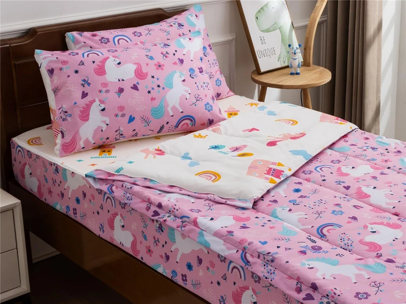NTBED Unicorn Printed Zipper Bedding Sets Full for Girls Kids Lightweight Microfiber Floral Comforter Sets with Fitted Sheet Pillow Covers,Pink
