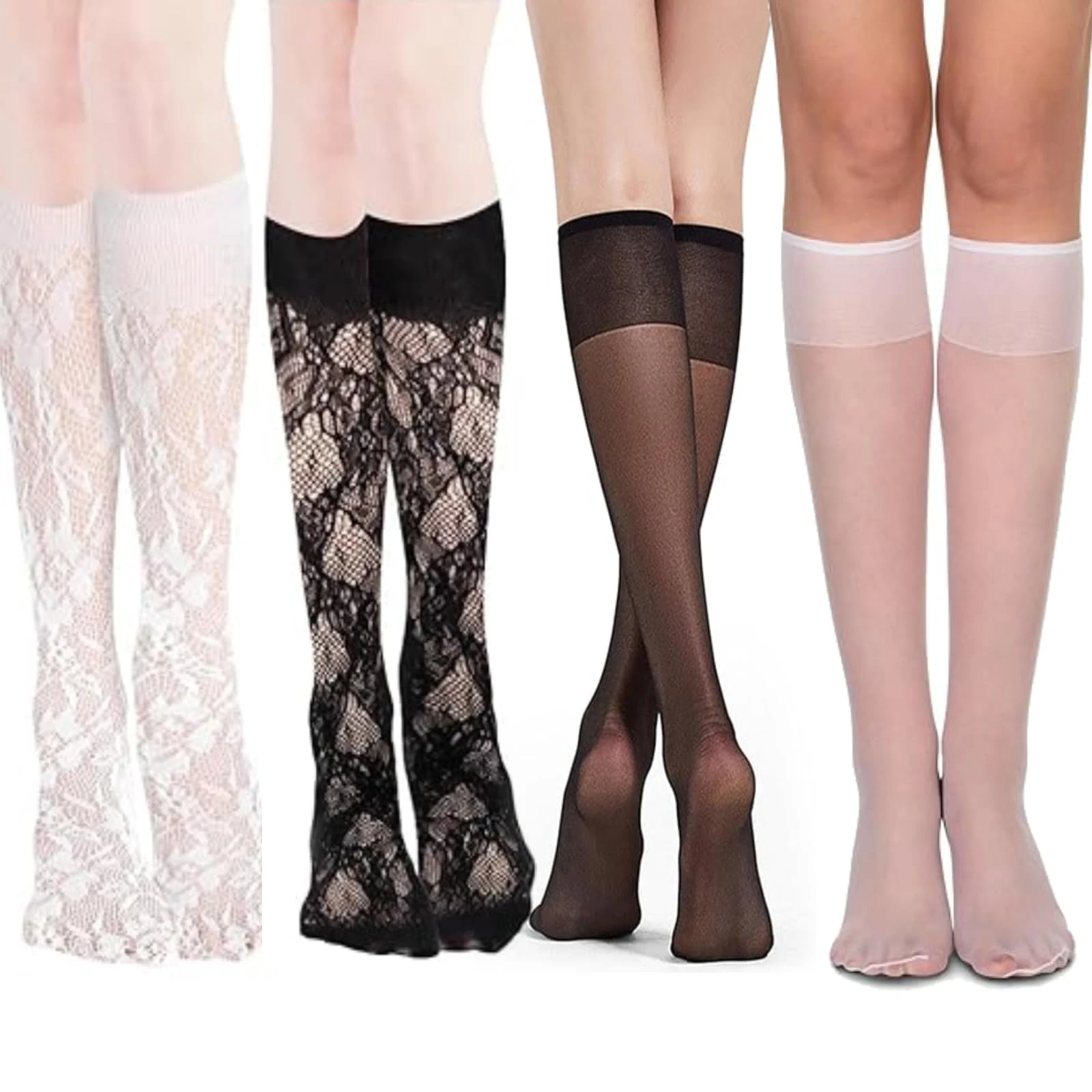 YCZARD Women's Lace Knee High Stockings, 4 Pairs Fishnet Hollow Black White Calf Socks, Sexy Silk Tight for Lady Girl UK Size 4-7