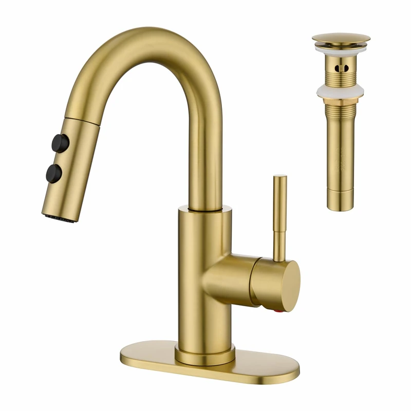 Kablle KBL-7002BG-CL Bathroom Sink Faucet with Pull Down Spray Head, Brushed Gold, Single Lever Faucet with Pop Up Drain, 4" Wide Basin Faucet for 1 or 3 Holes, 4"
